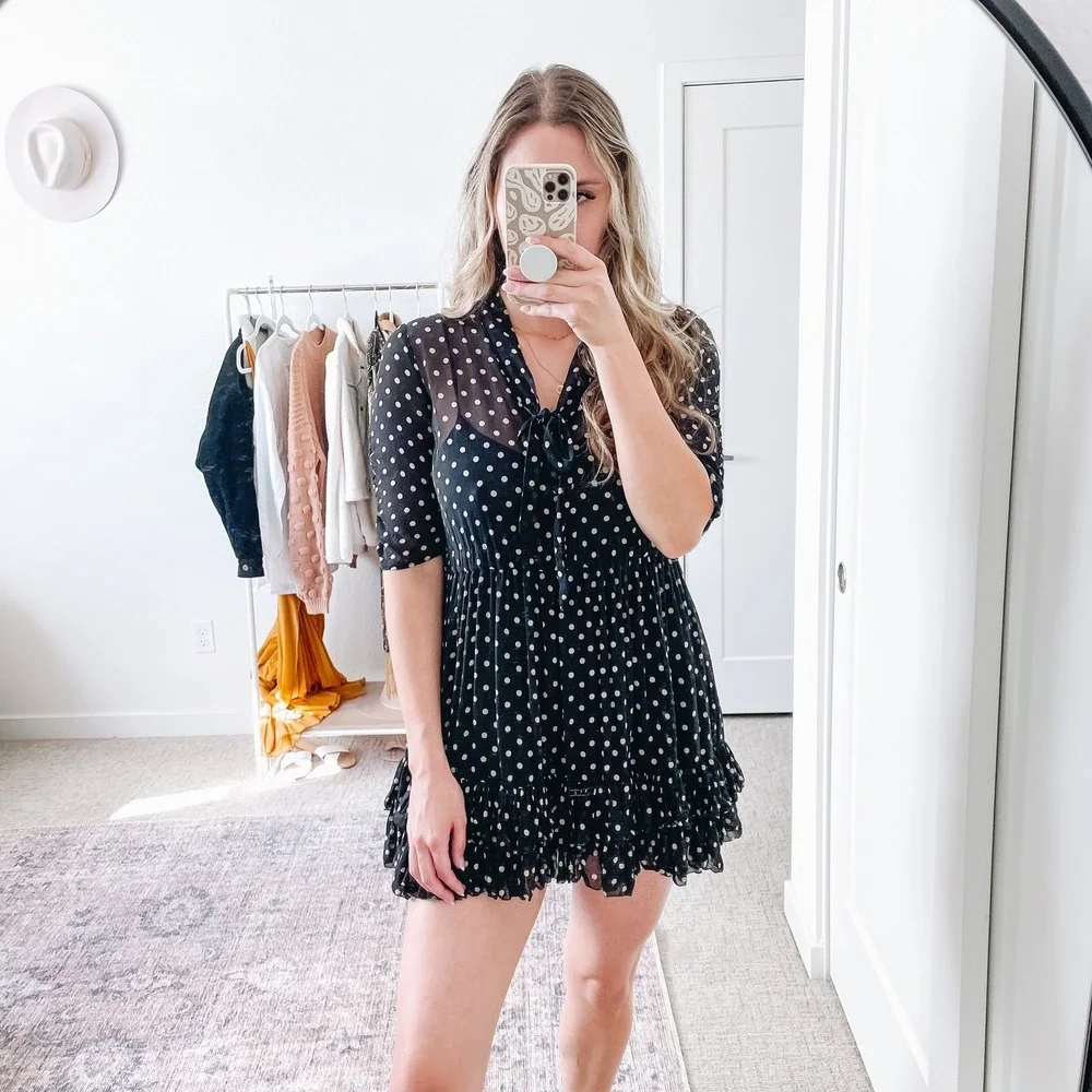 NICHOLAS Black‎ Polka Dot Chiffon Ruffle Mini Dress 0
